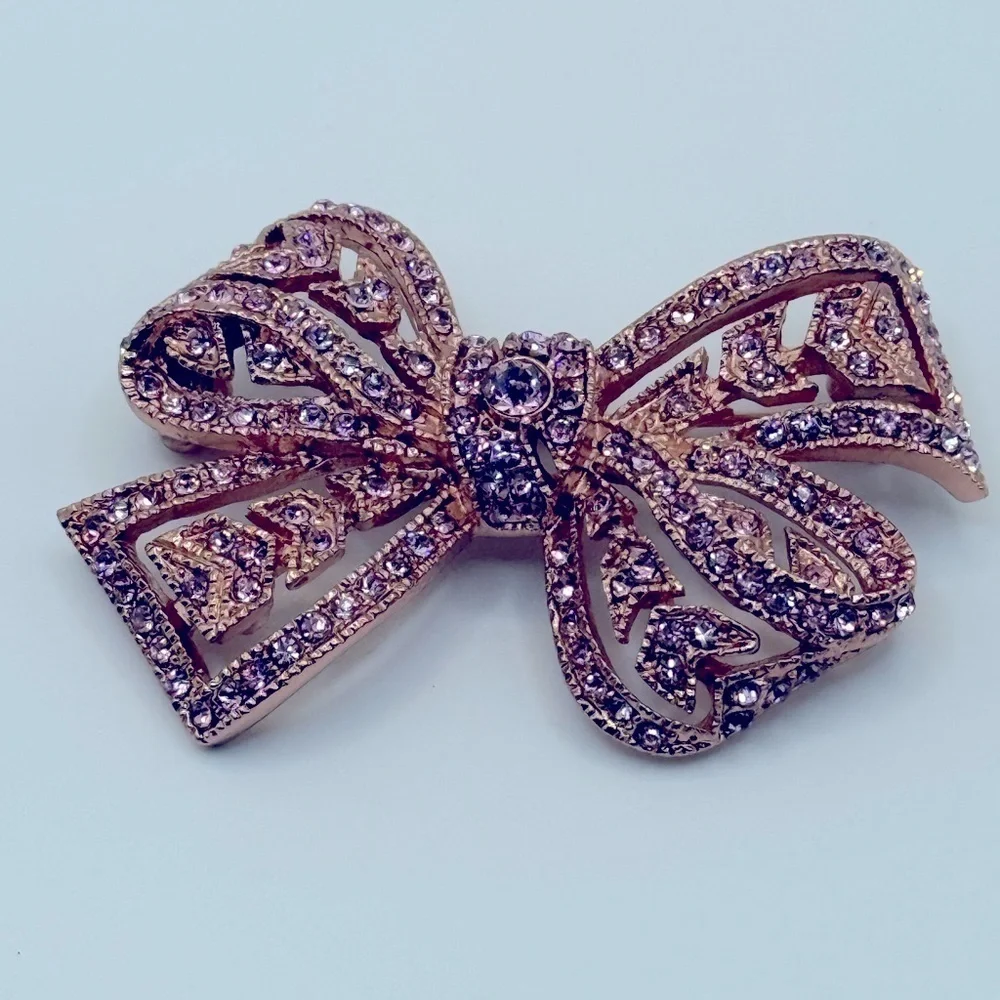 Kenneth Jay Lane KJL Art Deco Style PINK Rose Gold Rhinestone Bow Brooch Formal